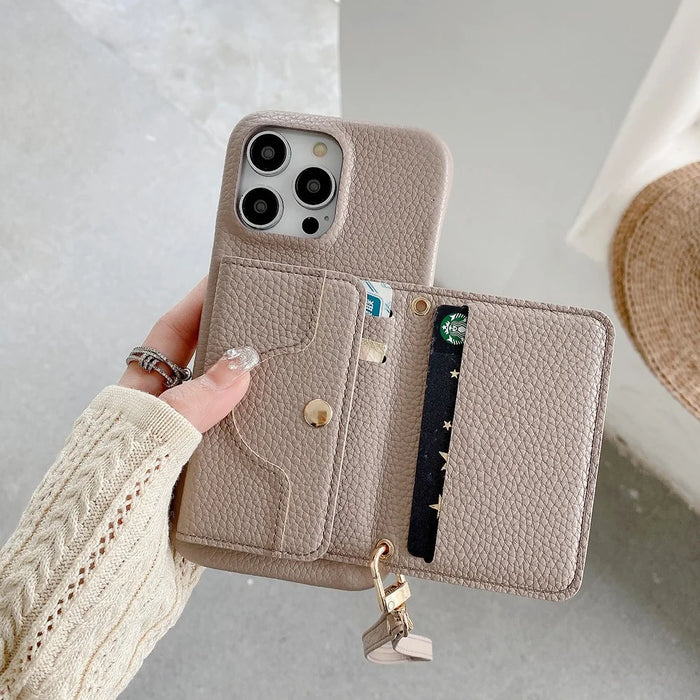 For iPhone 13 Pro Max Case Mirror Design PU Leather Back Cover with Card Slots, Wrist Strap - Grey - 6
