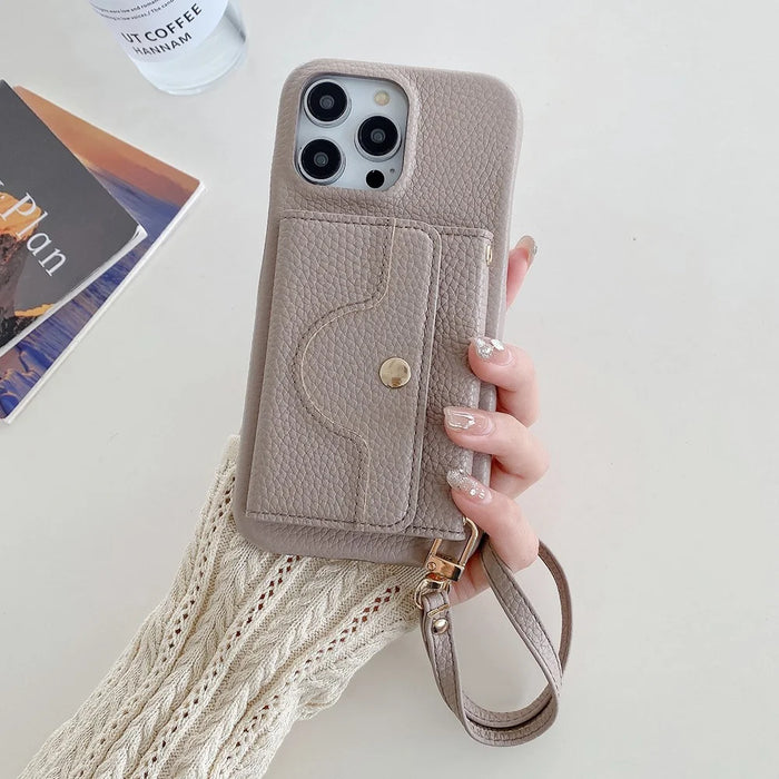 For iPhone 13 Pro Max Case Mirror Design PU Leather Back Cover with Card Slots, Wrist Strap - Grey - 7