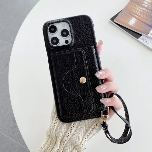 For iPhone 13 Pro Case Mirror Design PU Leather Back Cover with Card Slots, Wrist Strap - Black - 1