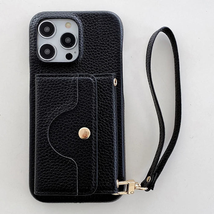 For iPhone 13 Pro Case Mirror Design PU Leather Back Cover with Card Slots, Wrist Strap - Black - 2