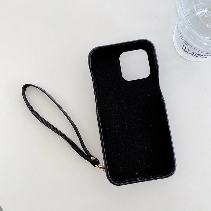 For iPhone 13 Pro Case Mirror Design PU Leather Back Cover with Card Slots, Wrist Strap - Black - 3