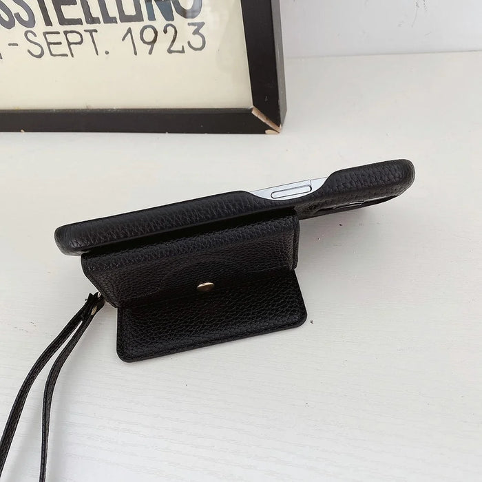 For iPhone 13 Pro Case Mirror Design PU Leather Back Cover with Card Slots, Wrist Strap - Black - 4