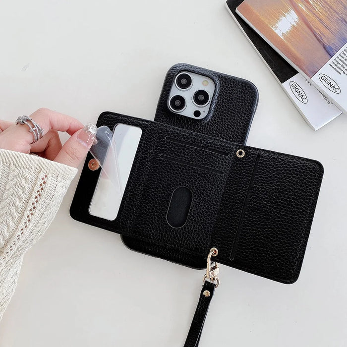 For iPhone 13 Pro Case Mirror Design PU Leather Back Cover with Card Slots, Wrist Strap - Black - 5