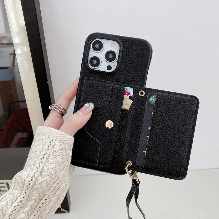 For iPhone 13 Pro Case Mirror Design PU Leather Back Cover with Card Slots, Wrist Strap - Black - 6