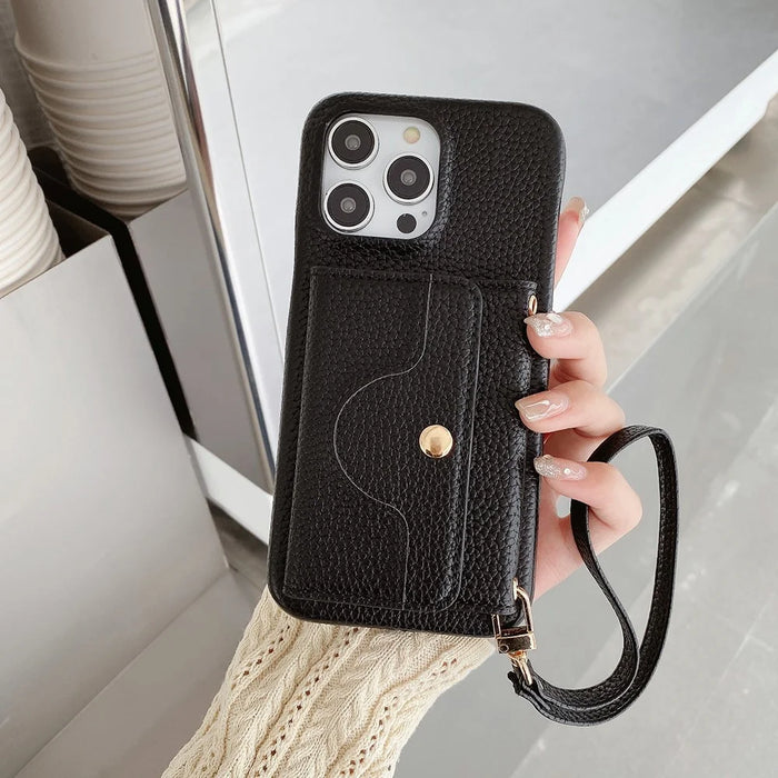For iPhone 13 Pro Case Mirror Design PU Leather Back Cover with Card Slots, Wrist Strap - Black - 7
