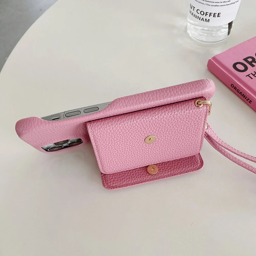 For iPhone 16 Pro Max Case Mirror Design PU Leather Back Cover with Card Slots, Wrist Strap - Pink - 4