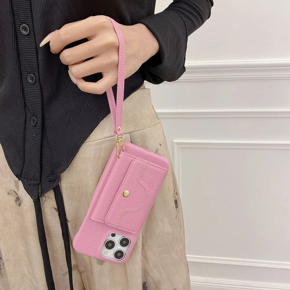 For iPhone 16 Pro Max Case Mirror Design PU Leather Back Cover with Card Slots, Wrist Strap - Pink - 5