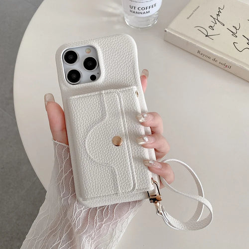 For iPhone 16 Pro Case Mirror Design PU Leather Back Cover with Card Slots, Wrist Strap - White - 1