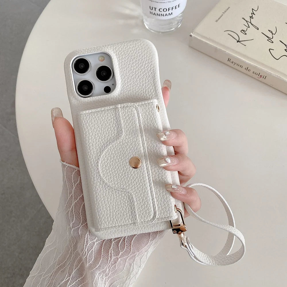 For iPhone 16 Pro Case Mirror Design PU Leather Back Cover with Card Slots, Wrist Strap - White - 1