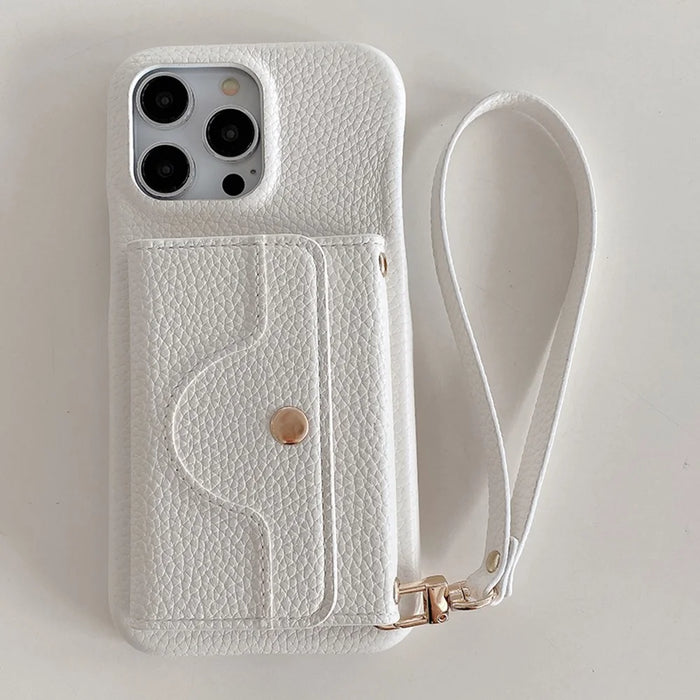 For iPhone 16 Pro Case Mirror Design PU Leather Back Cover with Card Slots, Wrist Strap - White - 2