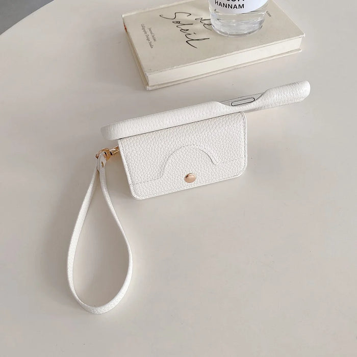 For iPhone 16 Pro Case Mirror Design PU Leather Back Cover with Card Slots, Wrist Strap - White - 4