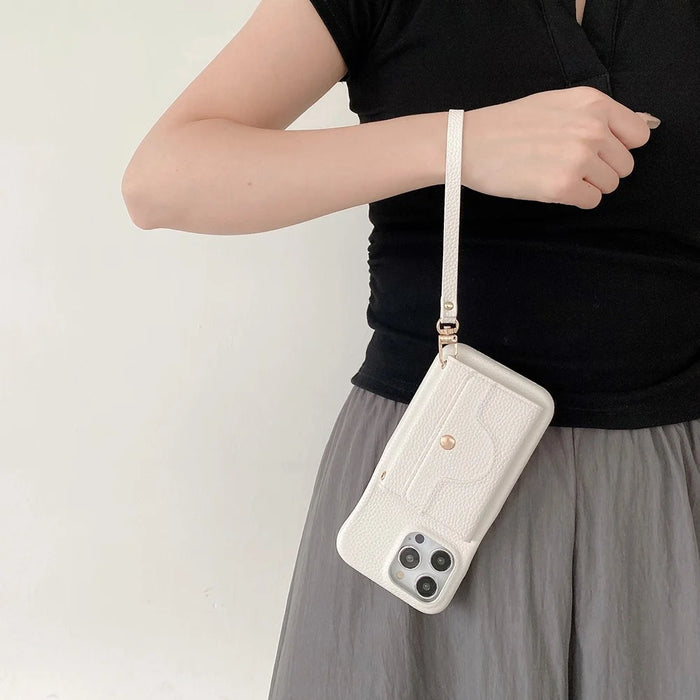 For iPhone 16 Pro Case Mirror Design PU Leather Back Cover with Card Slots, Wrist Strap - White - 5