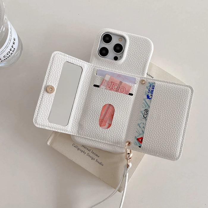 For iPhone 16 Pro Case Mirror Design PU Leather Back Cover with Card Slots, Wrist Strap - White - 7