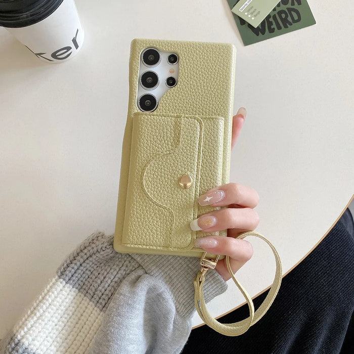 For Samsung Galaxy S24 Ultra Case Mirror Design PU Leather Back Cover with Card Slots, Wrist Strap - Green - 4