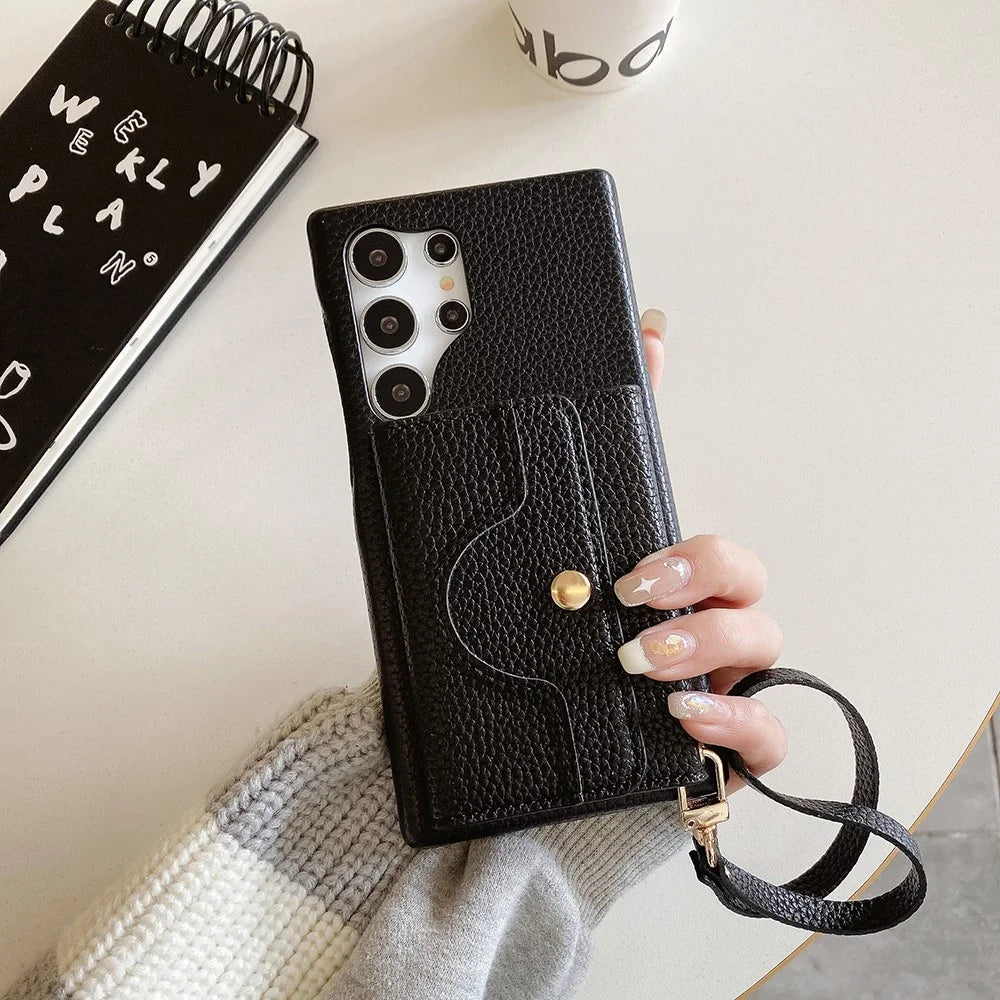For Samsung Galaxy S25 Ultra Case Mirror Design PU Leather Back Cover with Card Slots, Wrist Strap - Black - 1