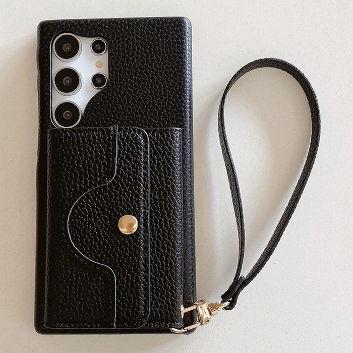 For Samsung Galaxy S25 Ultra Case Mirror Design PU Leather Back Cover with Card Slots, Wrist Strap - Black - 2