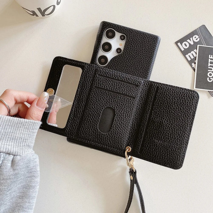 For Samsung Galaxy S25 Ultra Case Mirror Design PU Leather Back Cover with Card Slots, Wrist Strap - Black - 6