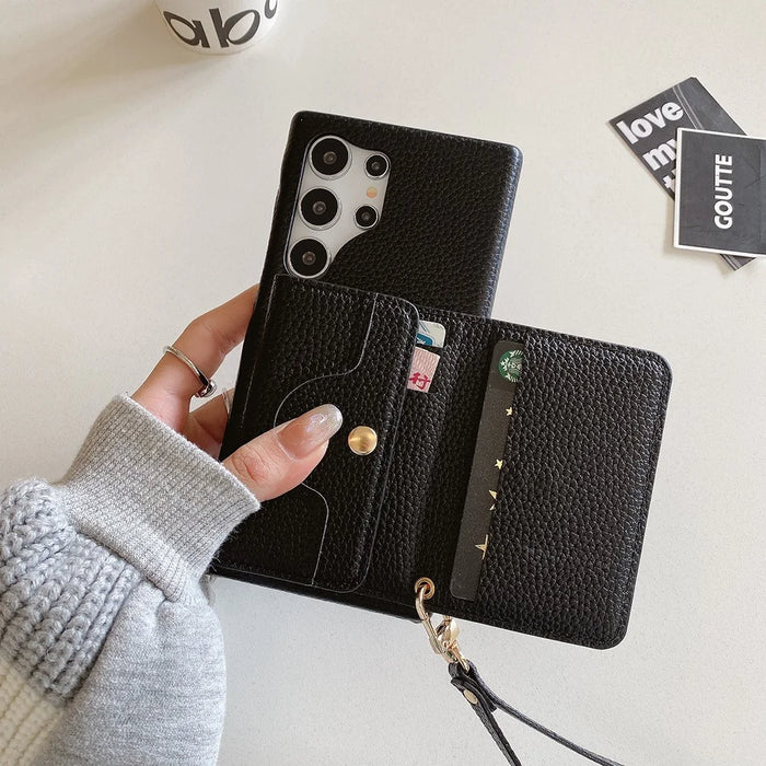 For Samsung Galaxy S25 Ultra Case Mirror Design PU Leather Back Cover with Card Slots, Wrist Strap - Black - 7