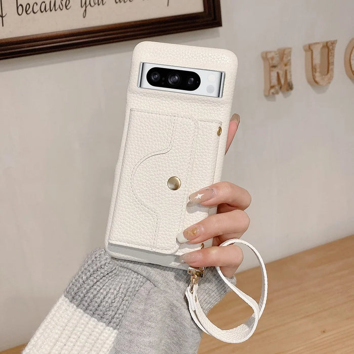 For Google Pixel 8 Pro Case Mirror Design PU Leather Back Cover with Card Slots, Wrist Strap - White - 1