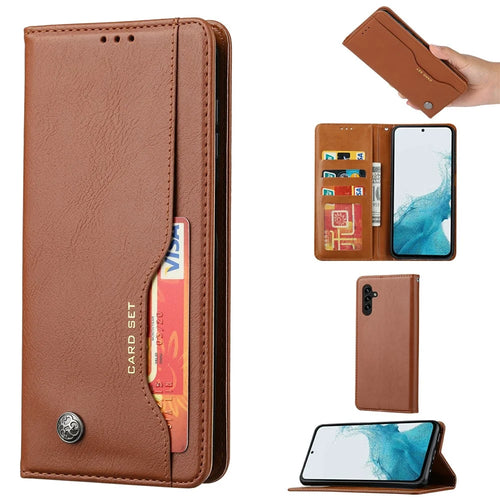 For Samsung Galaxy S25 Cell Phone Case Magnetic Closing PU Leather Stand Cover - Light Brown - 1