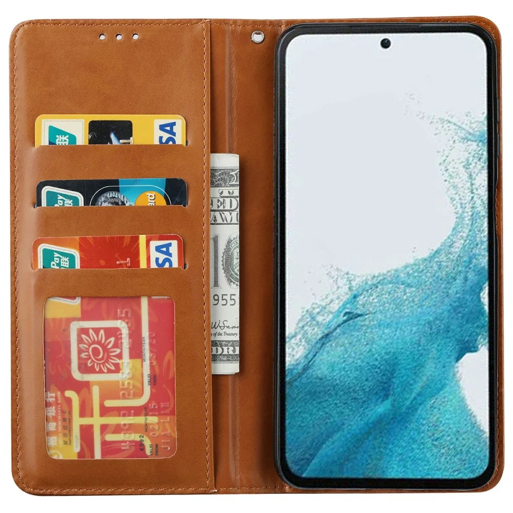 For Samsung Galaxy S25 Cell Phone Case Magnetic Closing PU Leather Stand Cover - Light Brown - 2