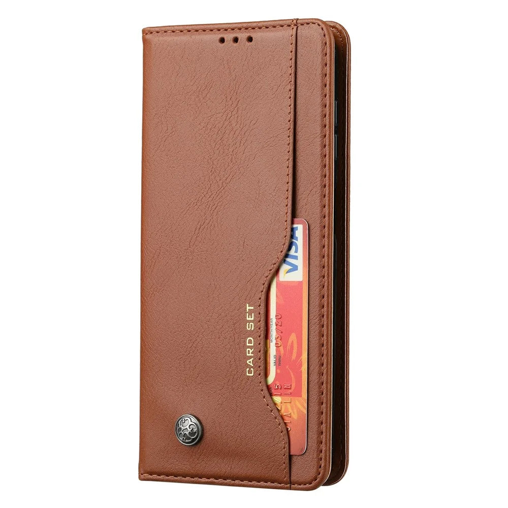 For Samsung Galaxy S25 Cell Phone Case Magnetic Closing PU Leather Stand Cover - Light Brown - 5