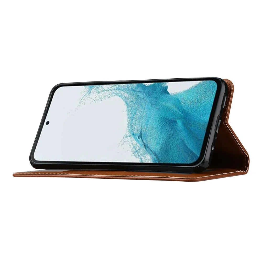 For Samsung Galaxy S25+ Cell Phone Case Magnetic Closing PU Leather Stand Cover - Light Brown - 3
