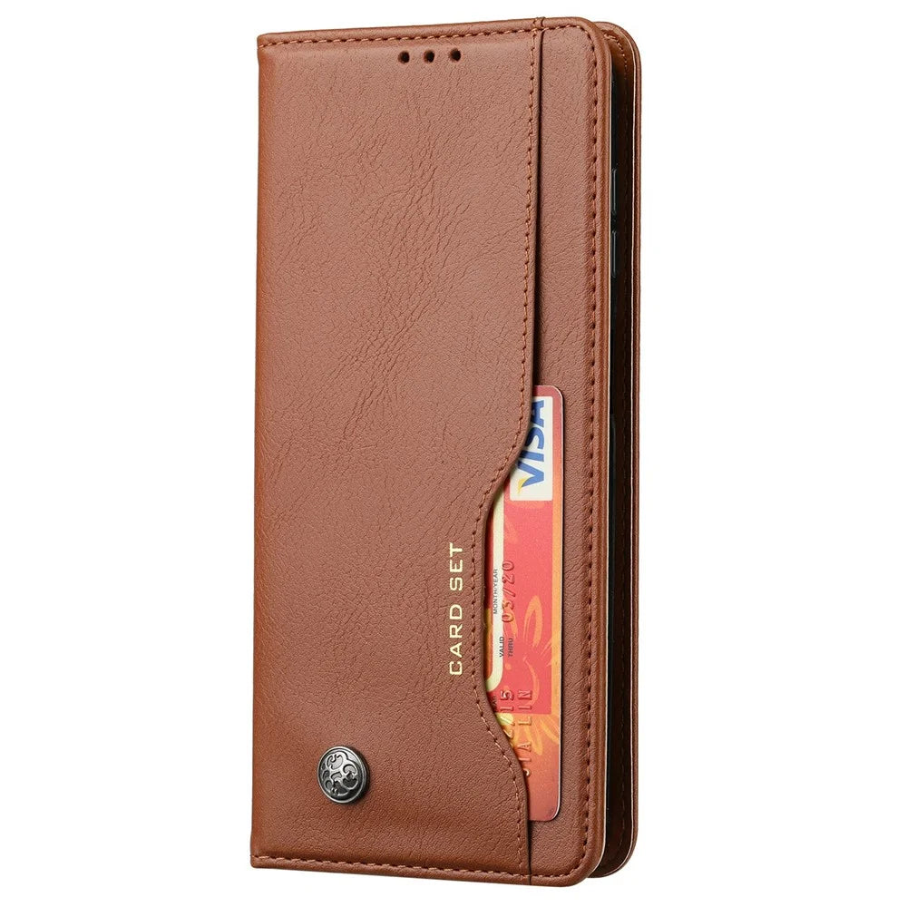 For Samsung Galaxy S25+ Cell Phone Case Magnetic Closing PU Leather Stand Cover - Light Brown - 5