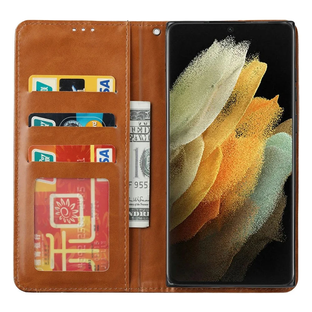 For Samsung Galaxy S25 Ultra Cell Phone Case Magnetic Closing PU Leather Stand Cover - Light Brown - 3
