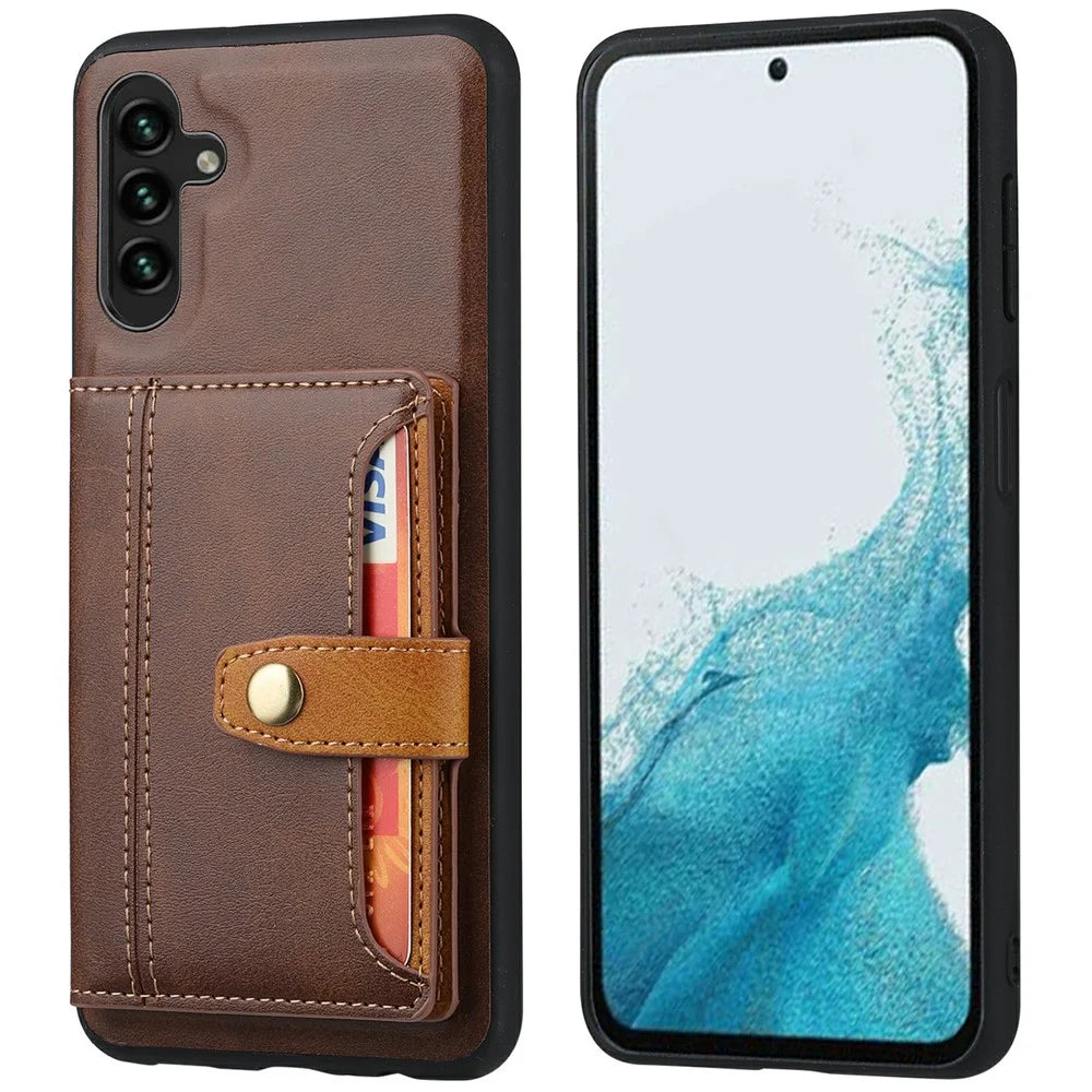 For Samsung Galaxy S25 Case Calf Texture Card Holder PU Leather + TPU Kicsktand Phone Cover - Brown - 1