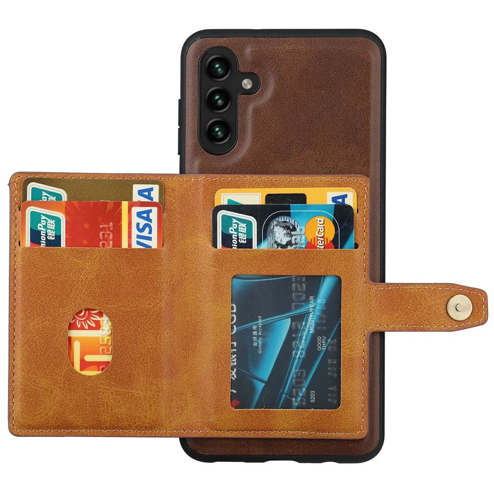 For Samsung Galaxy S25 Case Calf Texture Card Holder PU Leather + TPU Kicsktand Phone Cover - Brown - 2