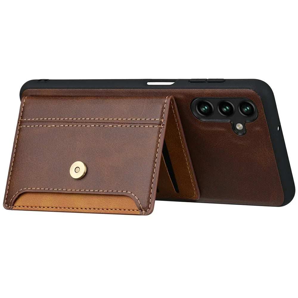 For Samsung Galaxy S25 Case Calf Texture Card Holder PU Leather + TPU Kicsktand Phone Cover - Brown - 3