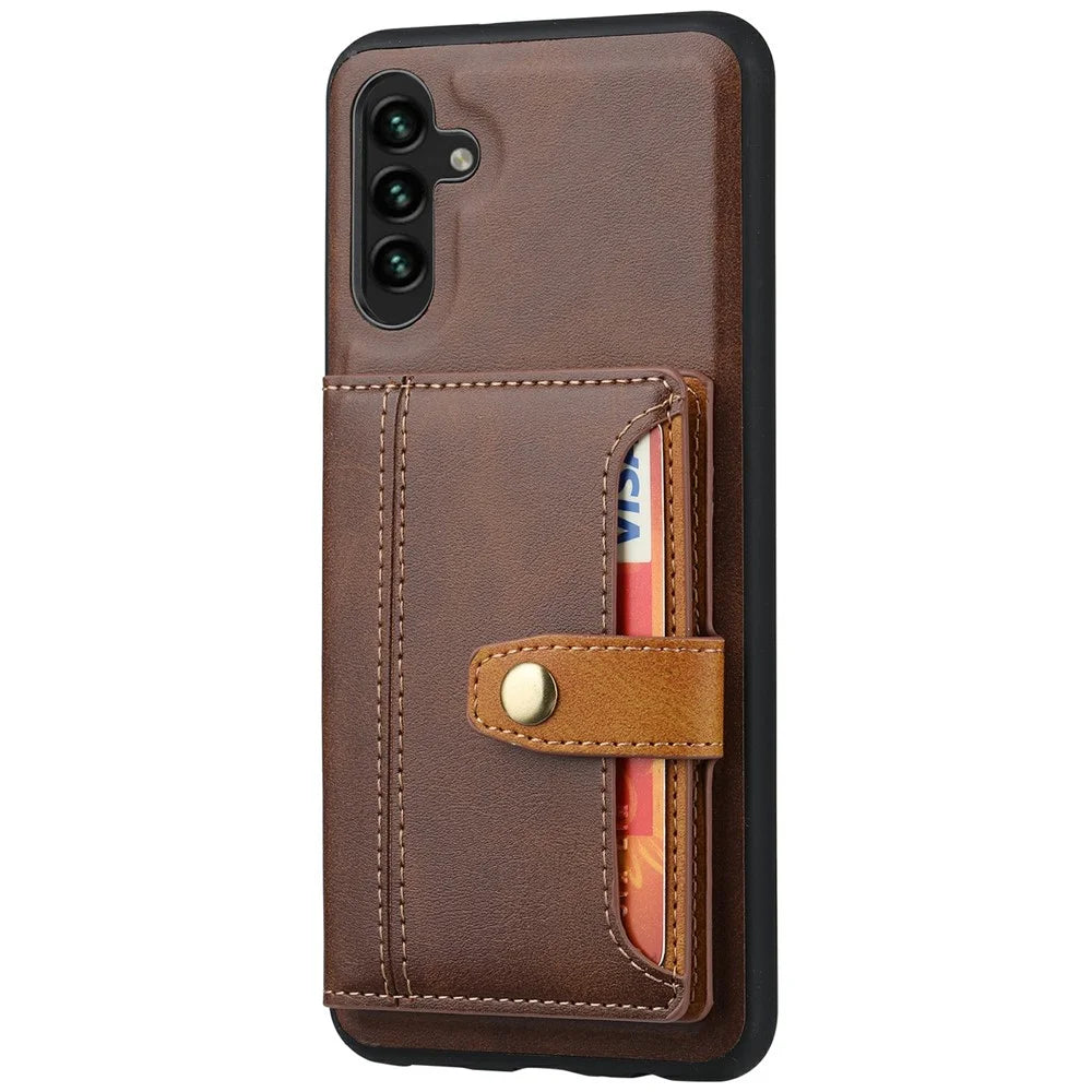 For Samsung Galaxy S25 Case Calf Texture Card Holder PU Leather + TPU Kicsktand Phone Cover - Brown - 5
