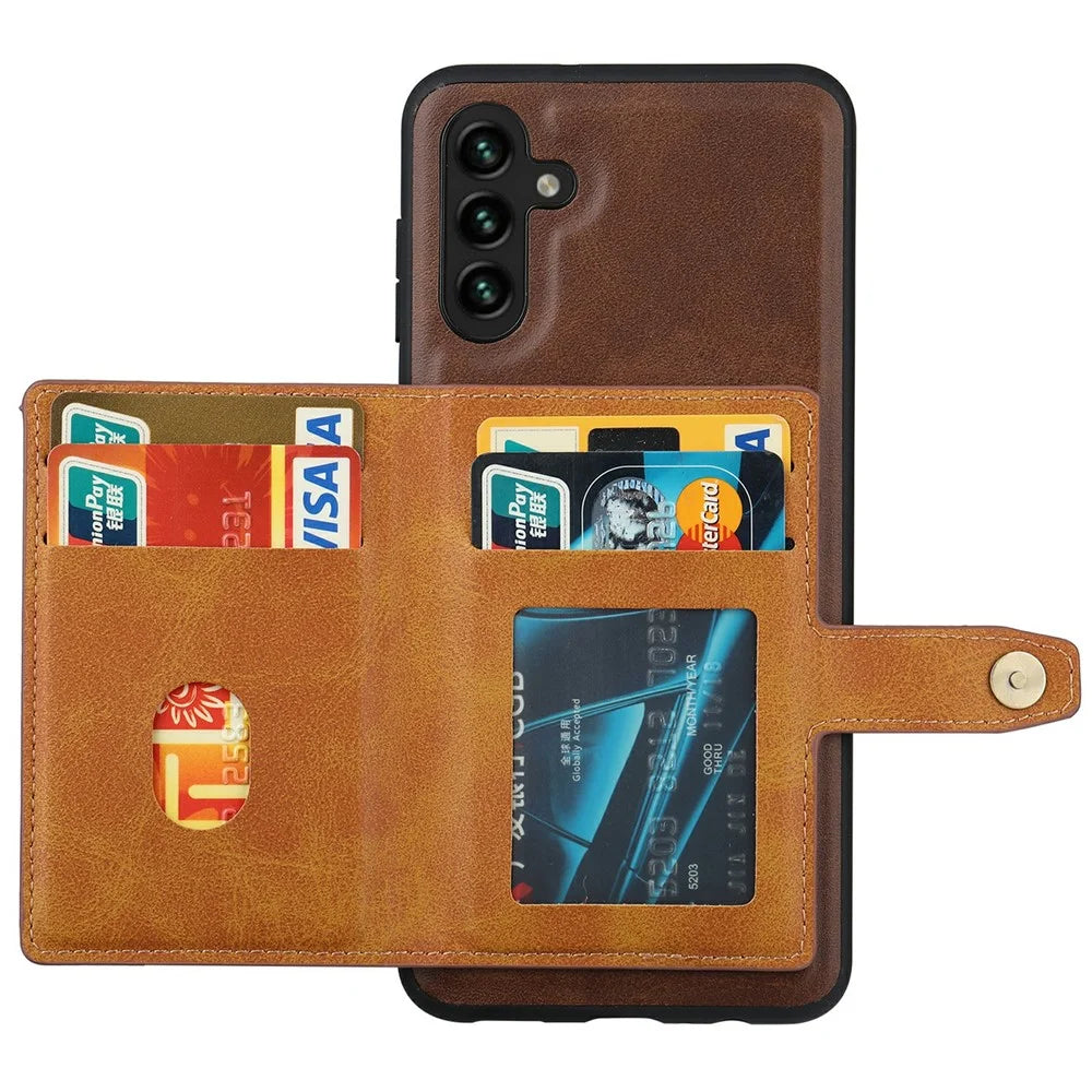 For Samsung Galaxy S25+ Case Calf Texture Card Holder PU Leather + TPU Kicsktand Phone Cover - Brown - 2