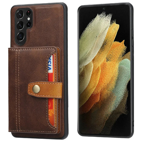 For Samsung Galaxy S25 Ultra Case Calf Texture Card Holder PU Leather + TPU Kicsktand Phone Cover - Brown - 1