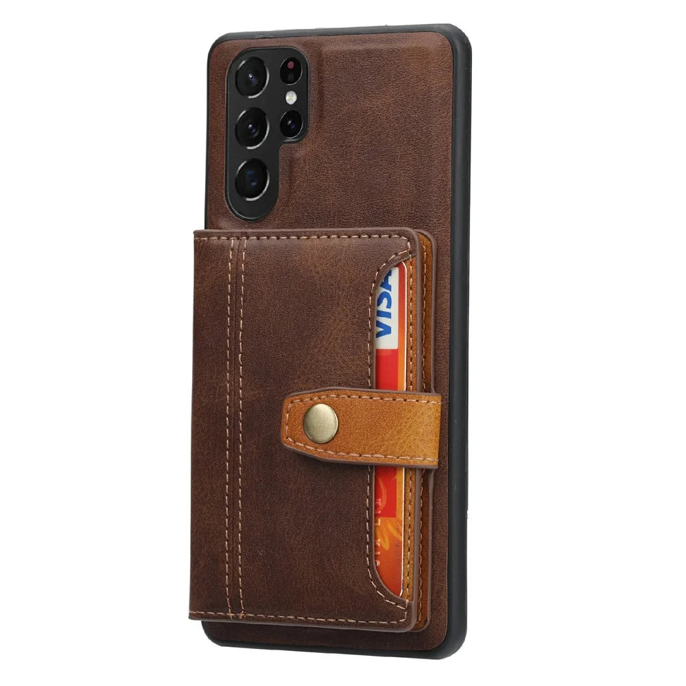 For Samsung Galaxy S25 Ultra Case Calf Texture Card Holder PU Leather + TPU Kicsktand Phone Cover - Brown - 4