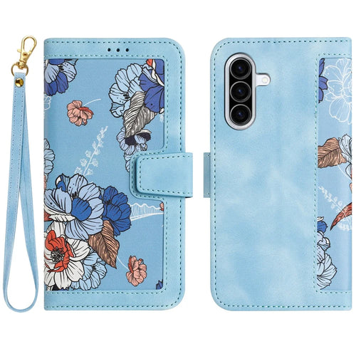 For Samsung Galaxy A26 5G Case PU Leather Floral Phone Cover with Card Slots - Baby Blue - 1
