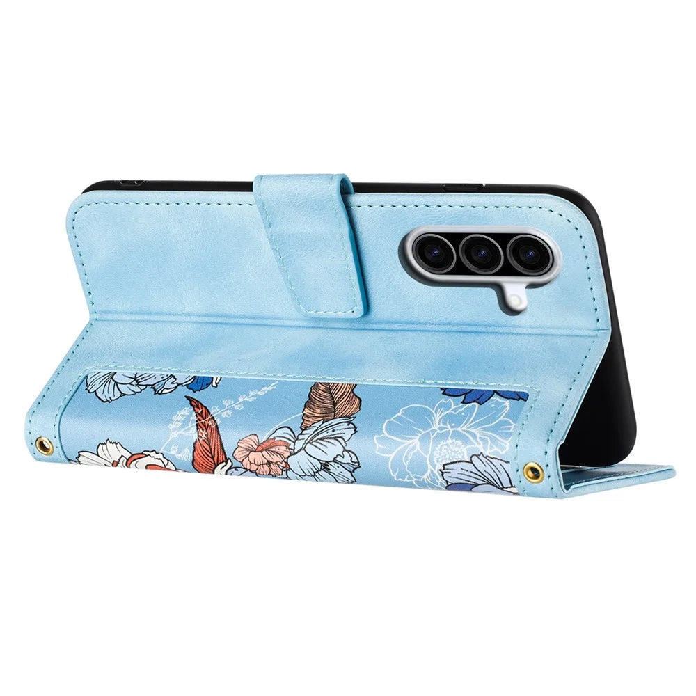 For Samsung Galaxy A26 5G Case PU Leather Floral Phone Cover with Card Slots - Baby Blue - 3