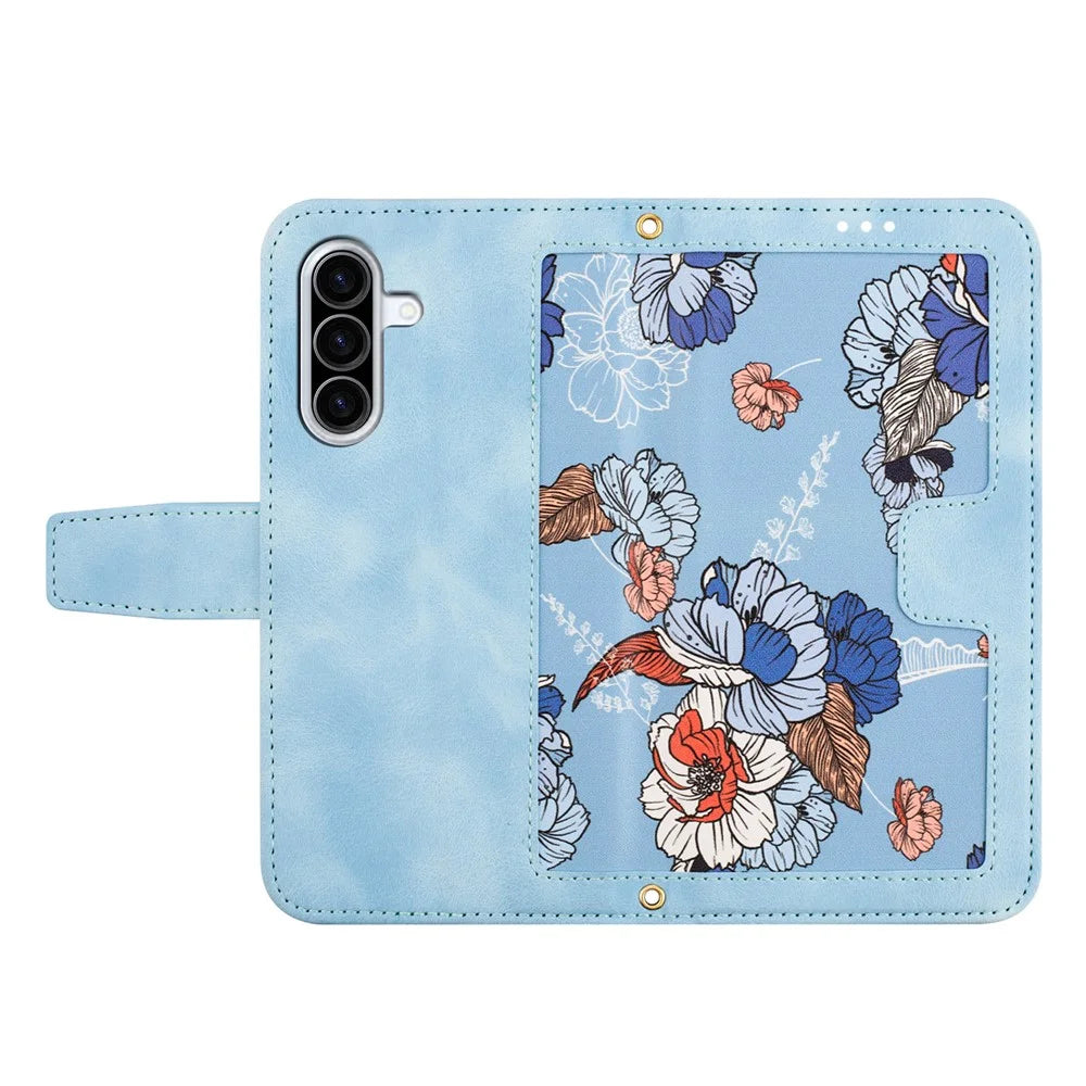 For Samsung Galaxy A26 5G Case PU Leather Floral Phone Cover with Card Slots - Baby Blue - 5