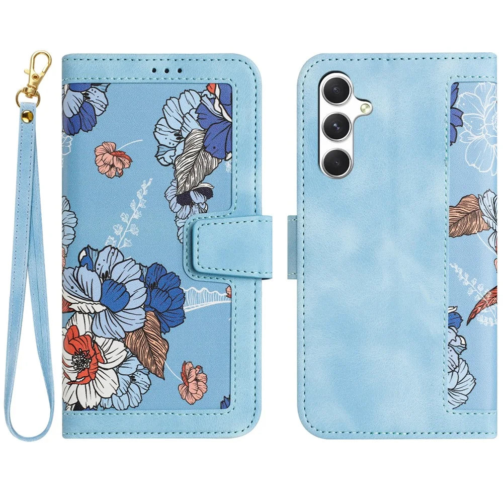 For Samsung Galaxy A56 5G Case PU Leather Floral Phone Cover with Card Slots - Baby Blue - 1