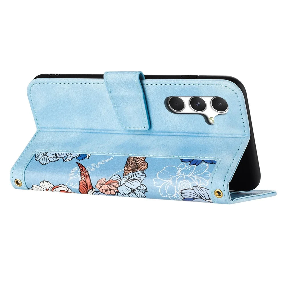 For Samsung Galaxy A56 5G Case PU Leather Floral Phone Cover with Card Slots - Baby Blue - 3