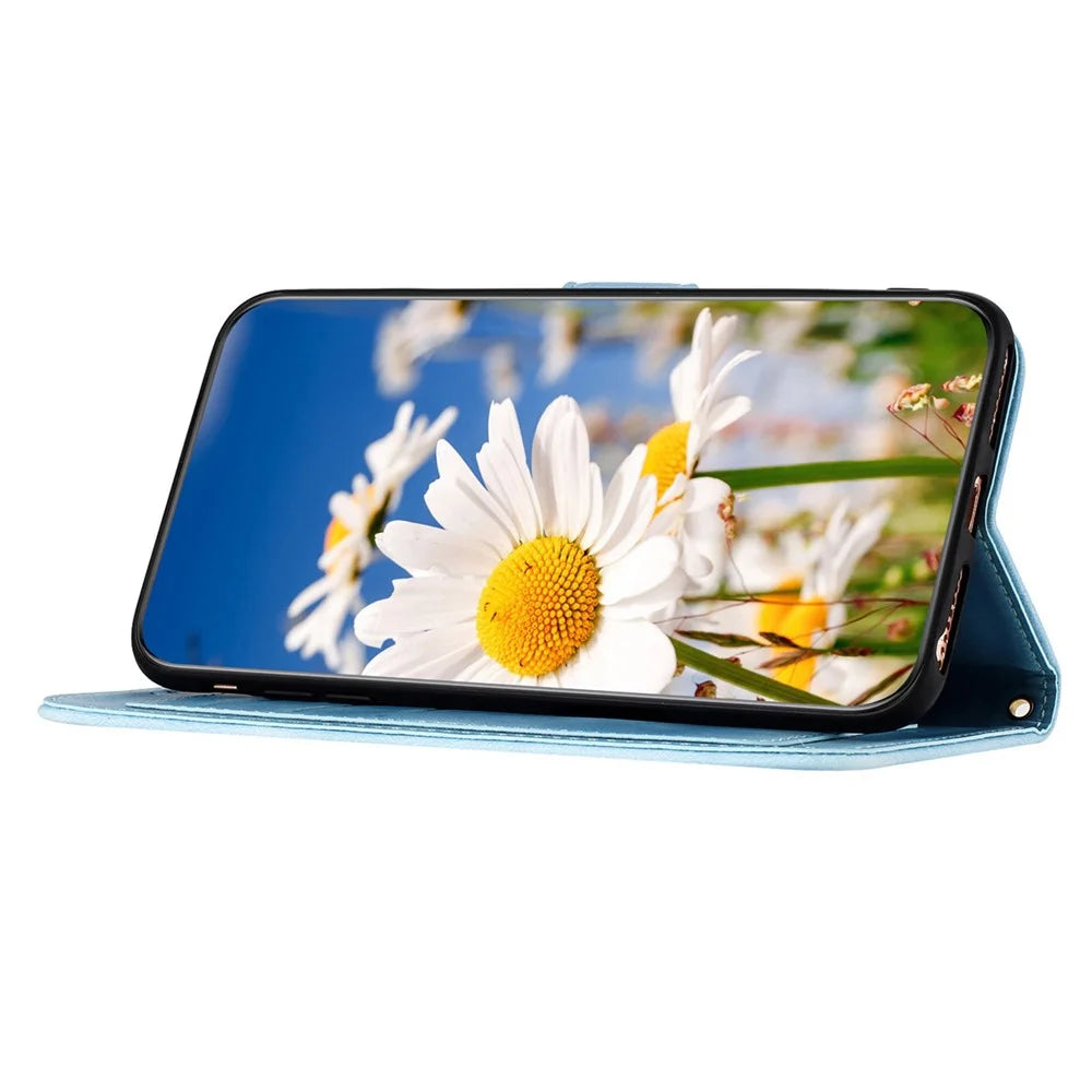 For Samsung Galaxy A56 5G Case PU Leather Floral Phone Cover with Card Slots - Baby Blue - 4