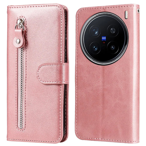 For vivo X200 Pro 5G Case Zipper Wallet Calf Texture PU Leather Phone Cover - Pink - 1