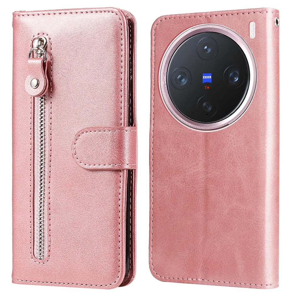 For vivo X200 Pro mini 5G Case Zipper Wallet Calf Texture PU Leather Phone Cover - Pink - 1