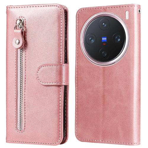 For vivo X200 Pro mini 5G Case Zipper Wallet Calf Texture PU Leather Phone Cover - Pink - 1