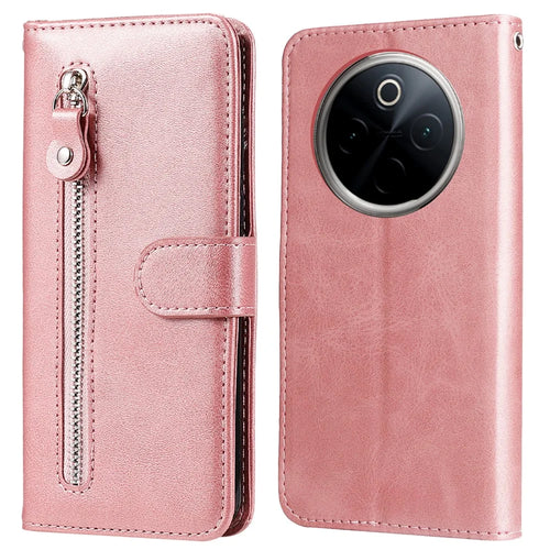 For vivo Y300 Pro 5G Case Zipper Wallet Calf Texture PU Leather Phone Cover - Pink - 1