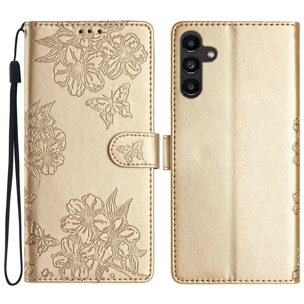 For Samsung Galaxy A36 5G Case Butterfly Flower Drop-Proof PU Leather Wallet Phone Cover - Gold - 1