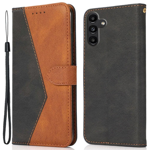 For Samsung Galaxy A36 5G Cover Color Splicing Wallet Stand Leather Phone Case with Wrist Strap - Black Brown - 1
