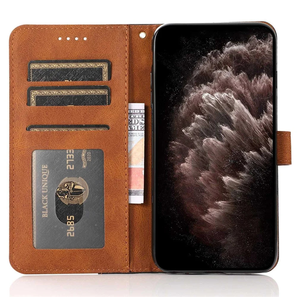 For Samsung Galaxy A56 5G Cover Color Splicing Wallet Stand Leather Phone Case with Wrist Strap  - Black Brown - 2