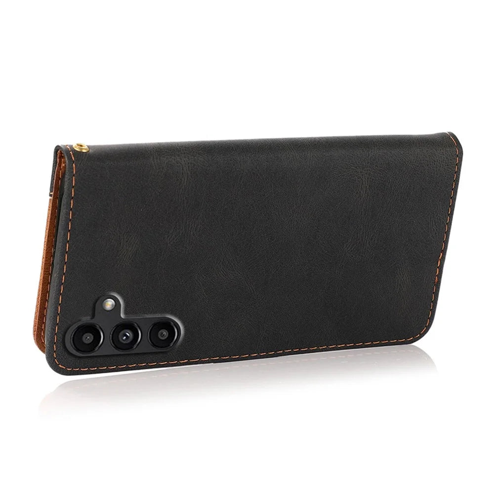 For Samsung Galaxy A56 5G Cover Color Splicing Wallet Stand Leather Phone Case with Wrist Strap  - Black Brown - 4